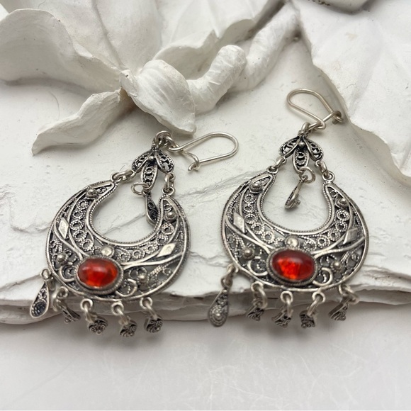 Sterling Silver Dangle Earrings with Amber Cabochon - Picture 3 of 11